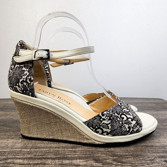 Taryn Rose Black White Floral Wedge Sandals Size 39 or 8.5 Made In Italy Spring - Picture 1 of 7